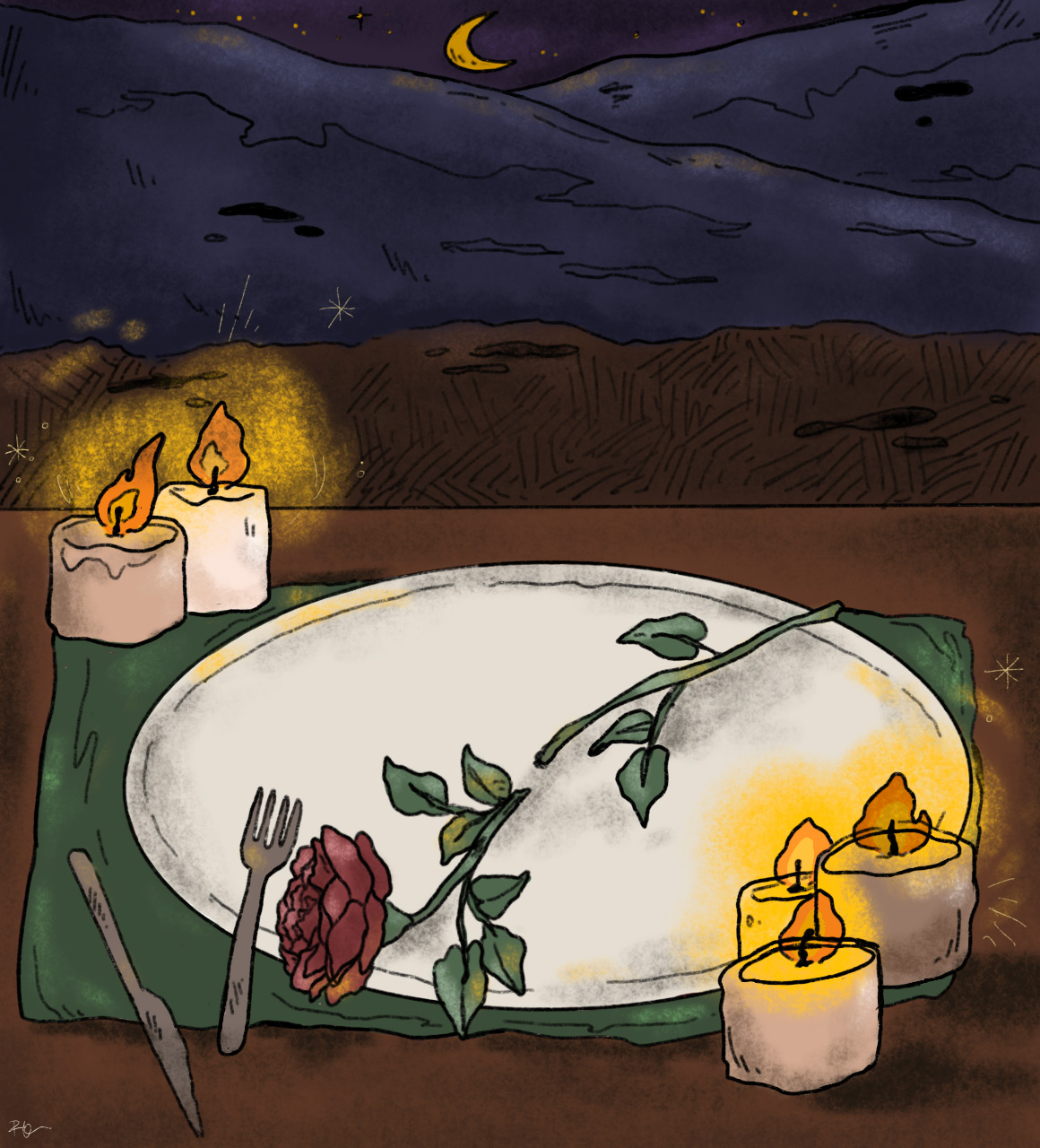table-set-with-candles-and-rose-illustration