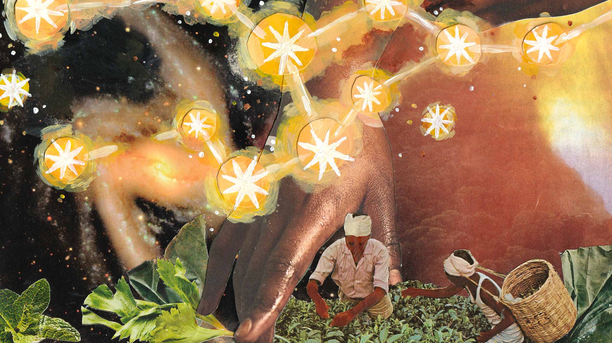 A mixed medium collage of stars and cut outs of space, crops, people harvesting greens. October 2022