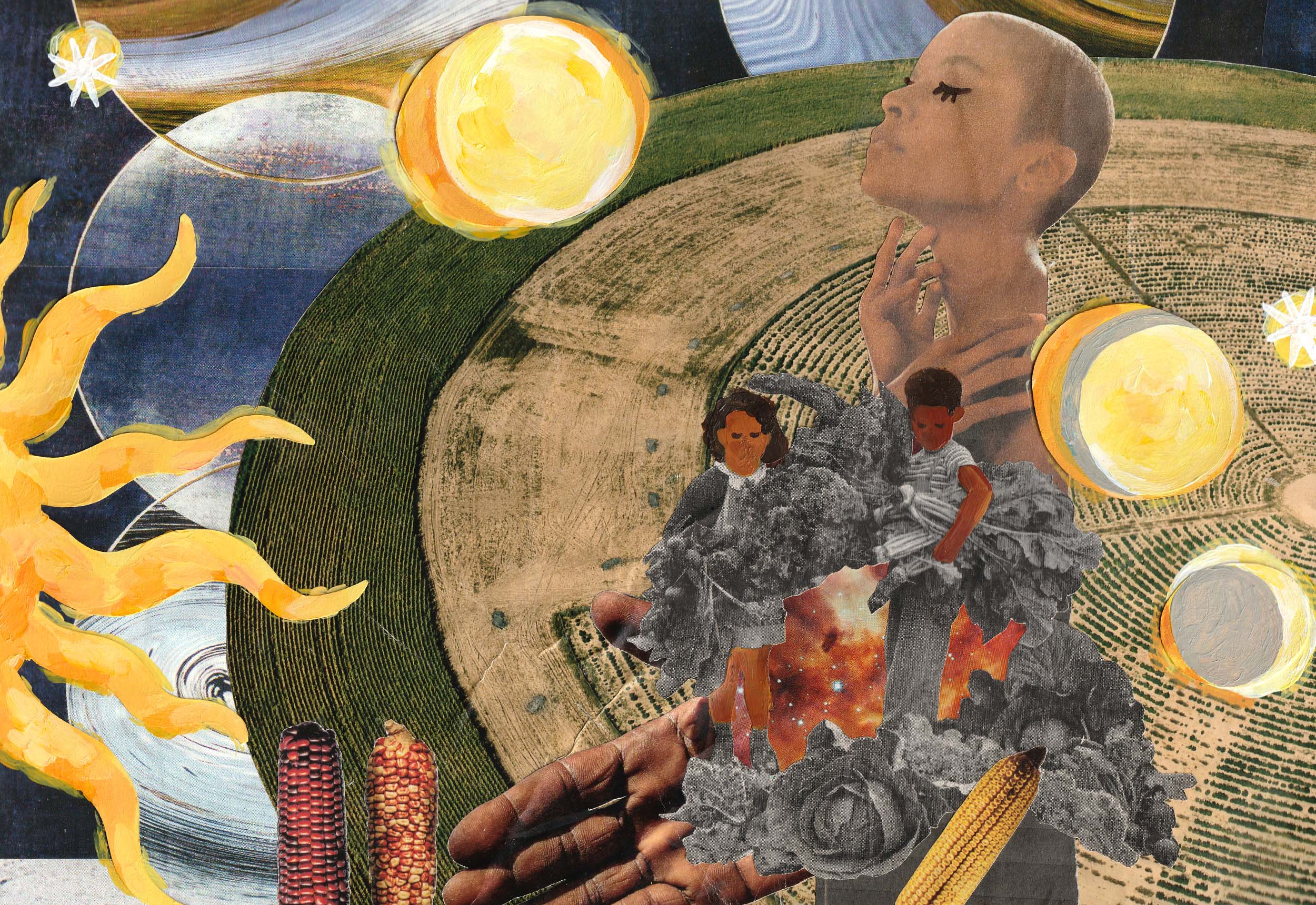Feature image for virgo with crop rotation, the sun, moon cycles, corn crops, Black children holding black and white crops and a woman reaching for her chin. October 2022